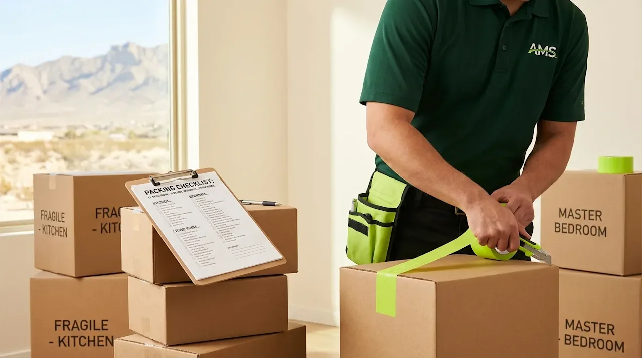 All My Sons mover packing boxes in El Paso with a checklist and Franklin Mountains visible through the window.