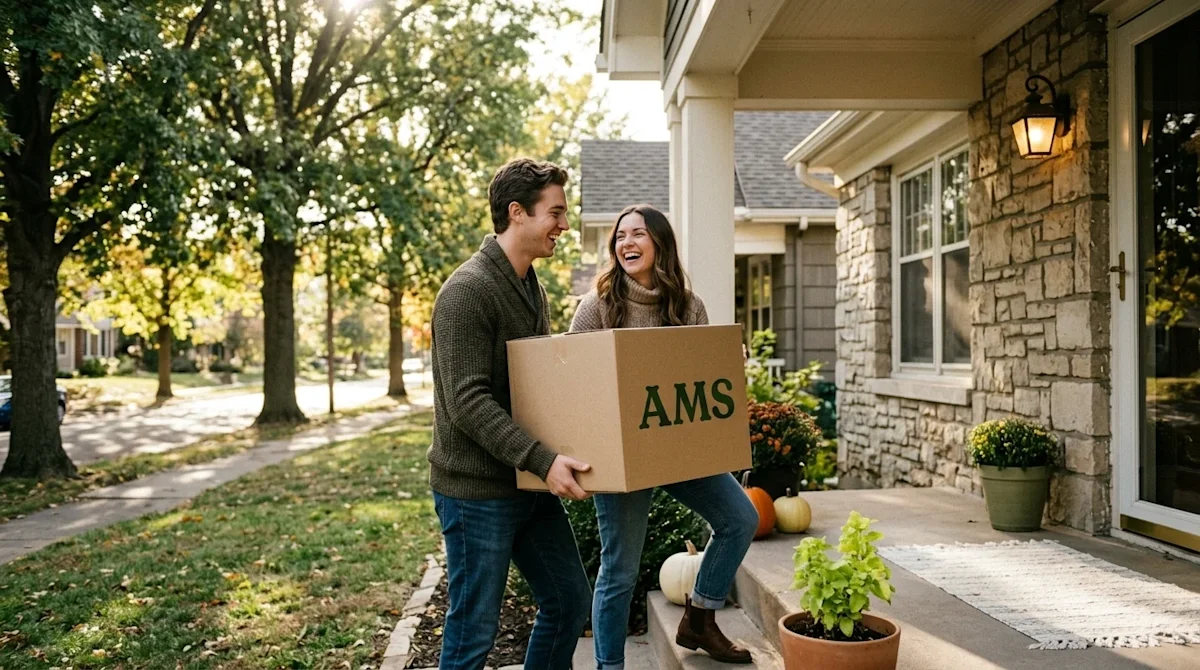 A cinematic, warm photograph of a happy couple carrying a cardboard moving box onto the front porch of their charming new hom