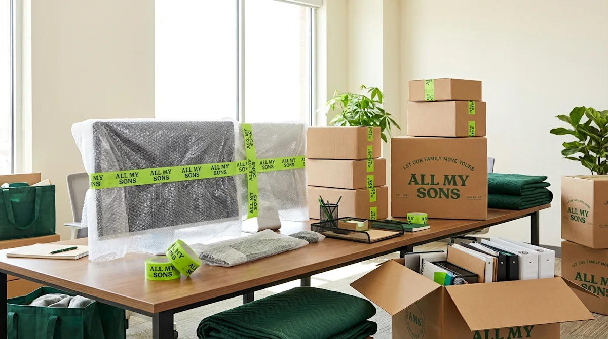 Professional office packing for a corporate move with All My Sons branded boxes and bubble-wrapped computer monitors.