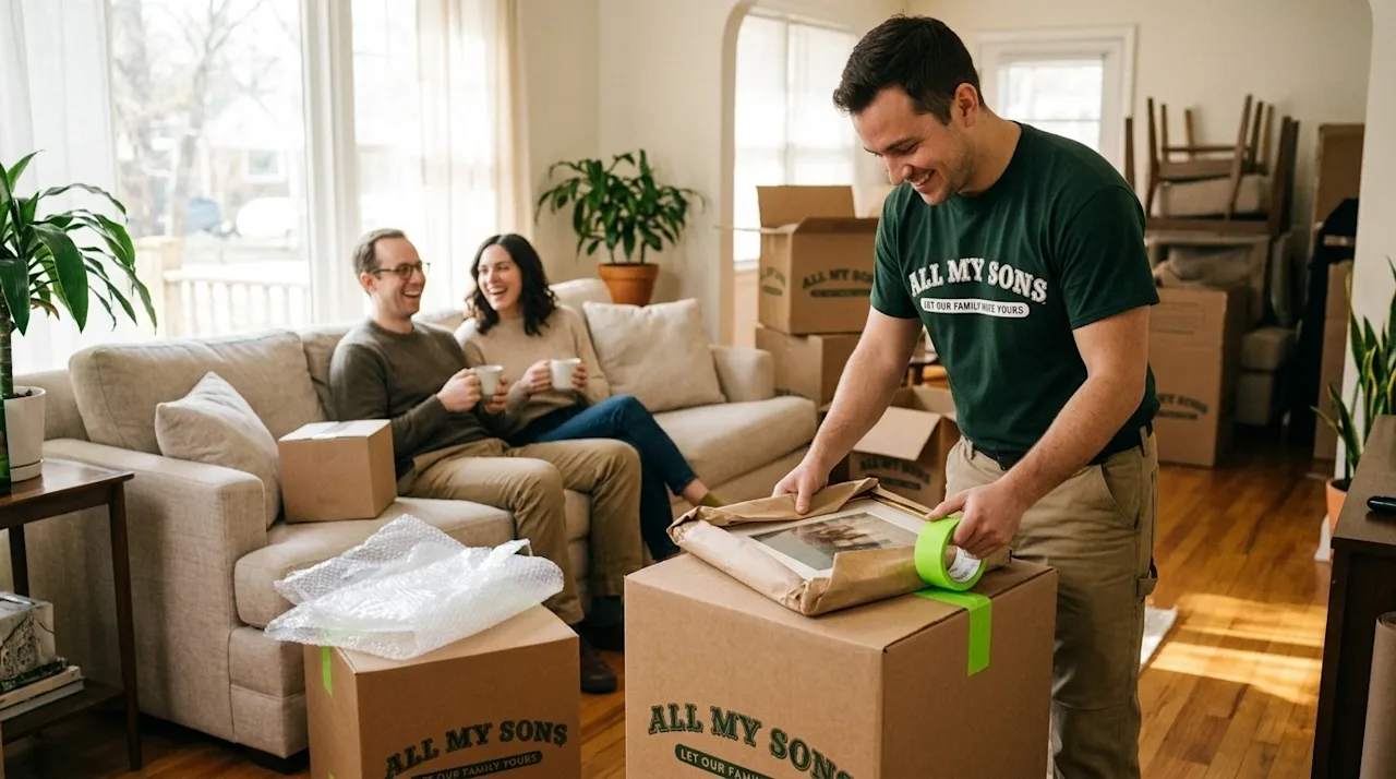 A candid lifestyle photograph of a stress-free moving day, demonstrating the benefits of full-service movers. In the foregrou