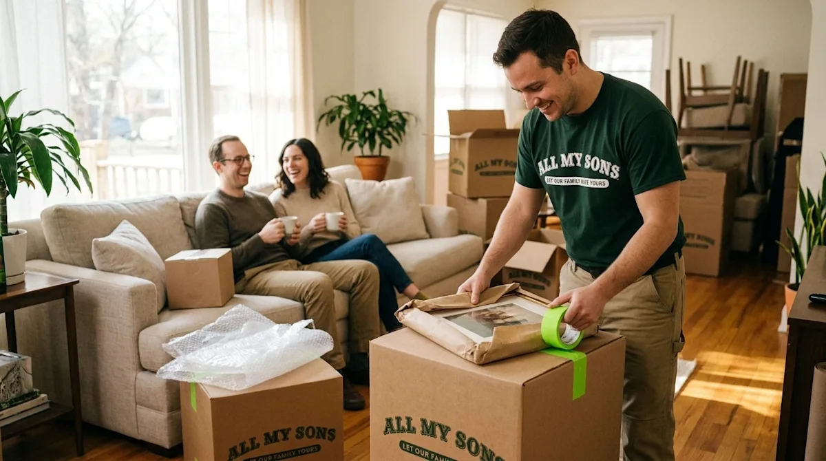 A candid lifestyle photograph of a stress-free moving day, demonstrating the benefits of full-service movers. In the foregrou