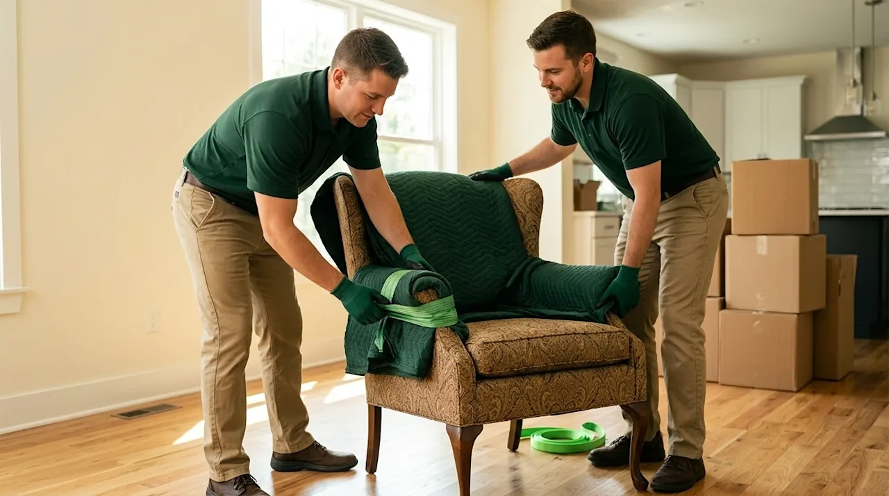 Professional marketing photography, eye-level medium shot. Two friendly, professional movers carefully wrapping a beautifully