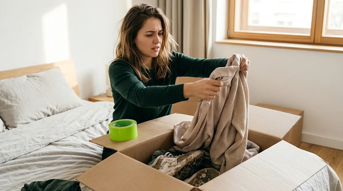 Professional marketing photography of a frustrated person hastily cramming delicate clothing, including a delicate silk dress