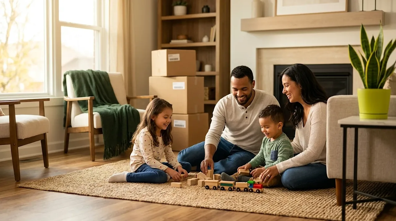 A candid, heartwarming lifestyle photograph of a happy family with young children smiling and playing together in a bright, s