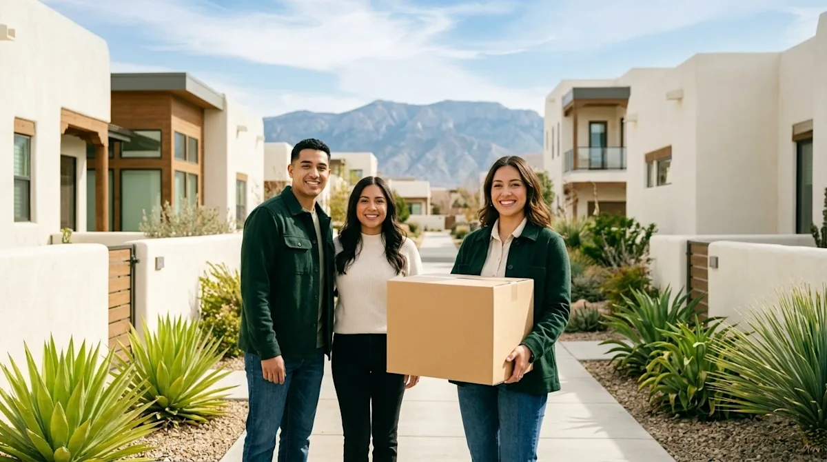 Professional lifestyle photography of smiling young professionals standing happily on a sunlit sidewalk in a vibrant, trendy neighborhood.