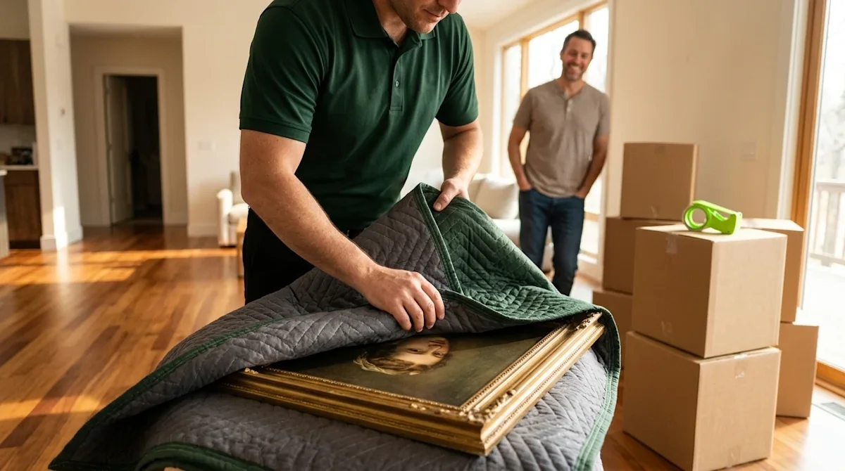 High-quality lifestyle photography of a professional mover carefully wrapping a delicate framed artwork with a thick protecti