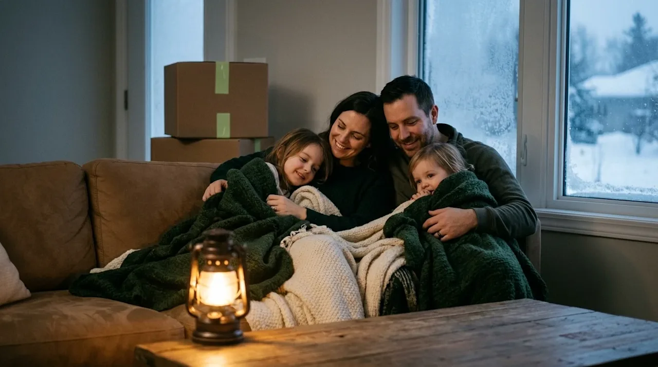 Professional marketing photography of a family warmly huddled together in their living room during a winter power outage. The