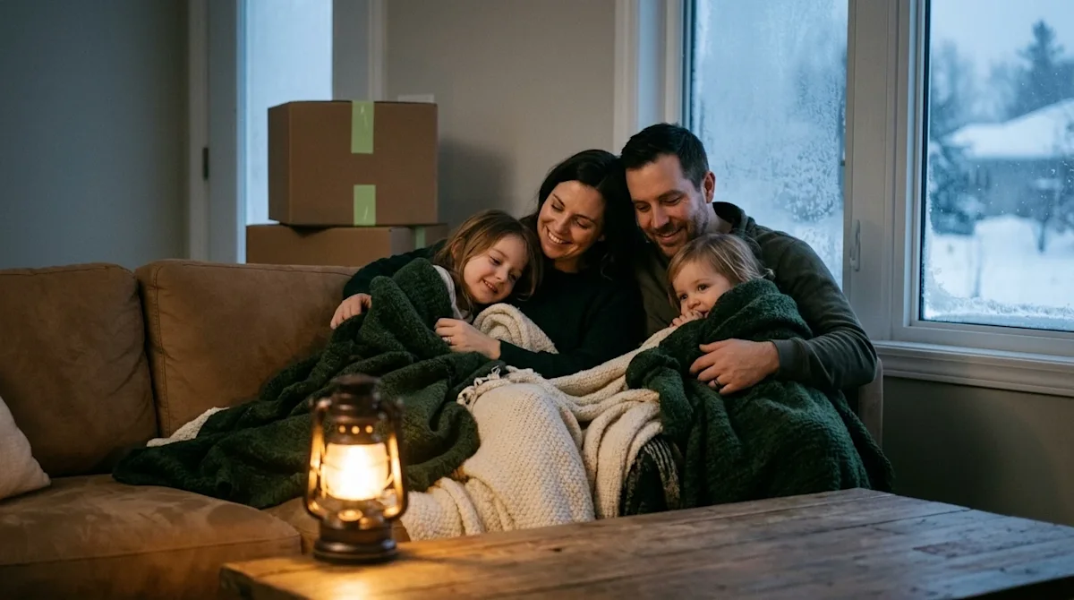 Professional marketing photography of a family warmly huddled together in their living room during a winter power outage. The