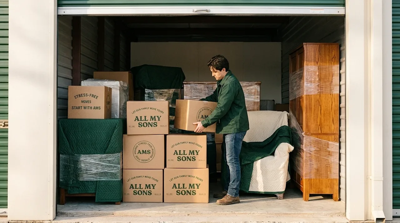 Professional marketing photography of the interior of a clean, well-lit storage unit being efficiently packed. A person in a