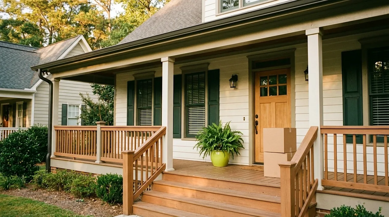 A candid, nostalgic film-style photograph of a charming, classic Southern home nestled in a beautiful Georgia neighborhood, s