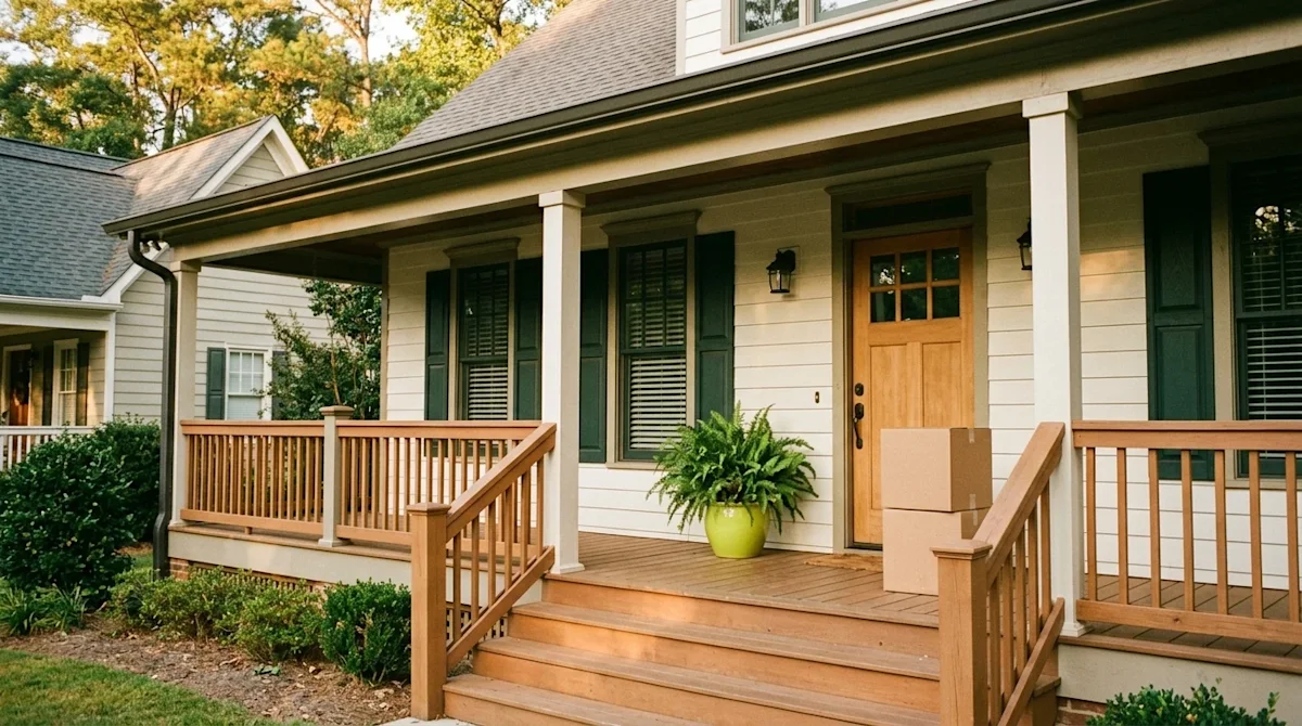 A candid, nostalgic film-style photograph of a charming, classic Southern home nestled in a beautiful Georgia neighborhood, s