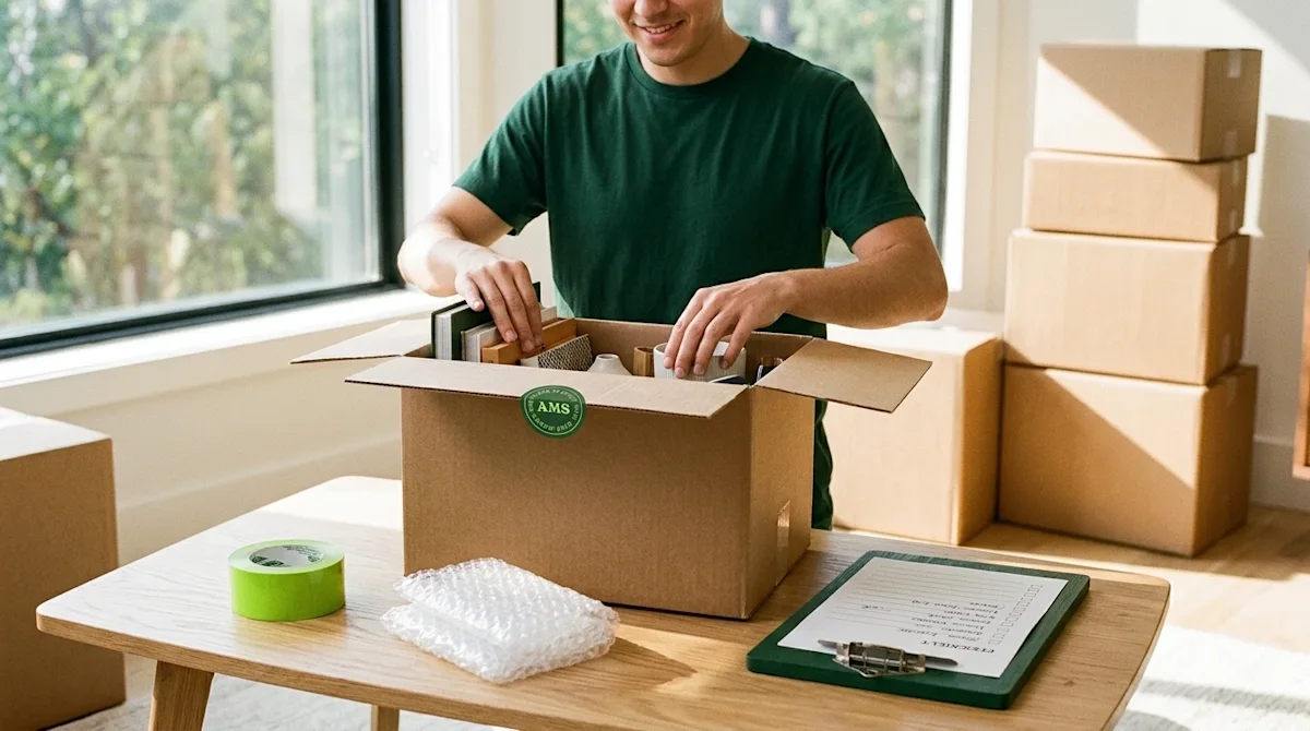 High-quality lifestyle photography of an efficient moving and packing scene in a bright, sunlit modern living room. A person