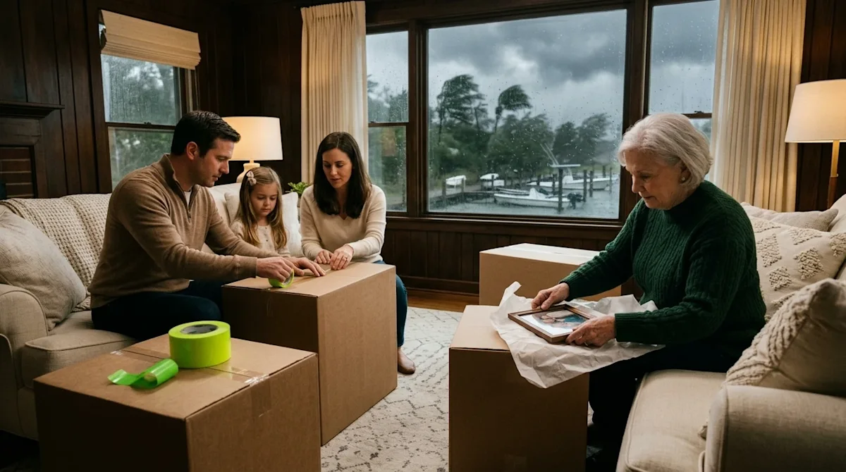A candid, documentary-style photograph of a family calmly packing essential belongings and valuables into sturdy kraft brown