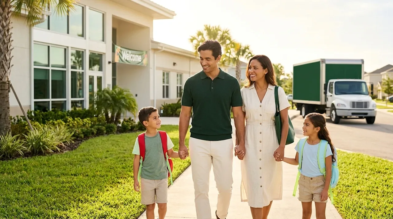 Professional marketing lifestyle photography of a smiling family with two young children wearing backpacks, walking hand-in-h