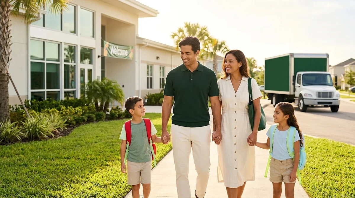 Professional marketing lifestyle photography of a smiling family with two young children wearing backpacks, walking hand-in-h