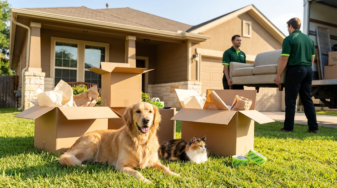 Dog and cat sitting among moving boxes on a sunny South Austin lawn with movers loading furniture in the background.
