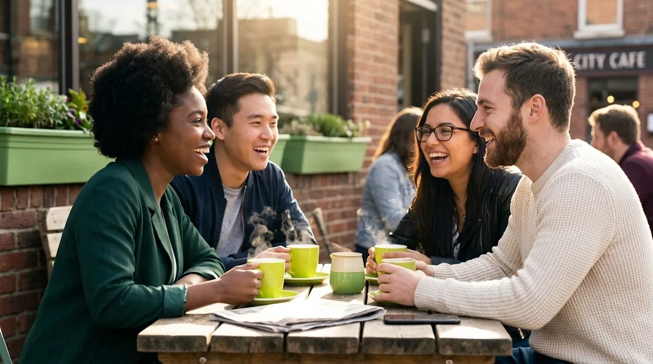Clear, professional marketing lifestyle photography of a diverse group of friendly young adults laughing and talking together