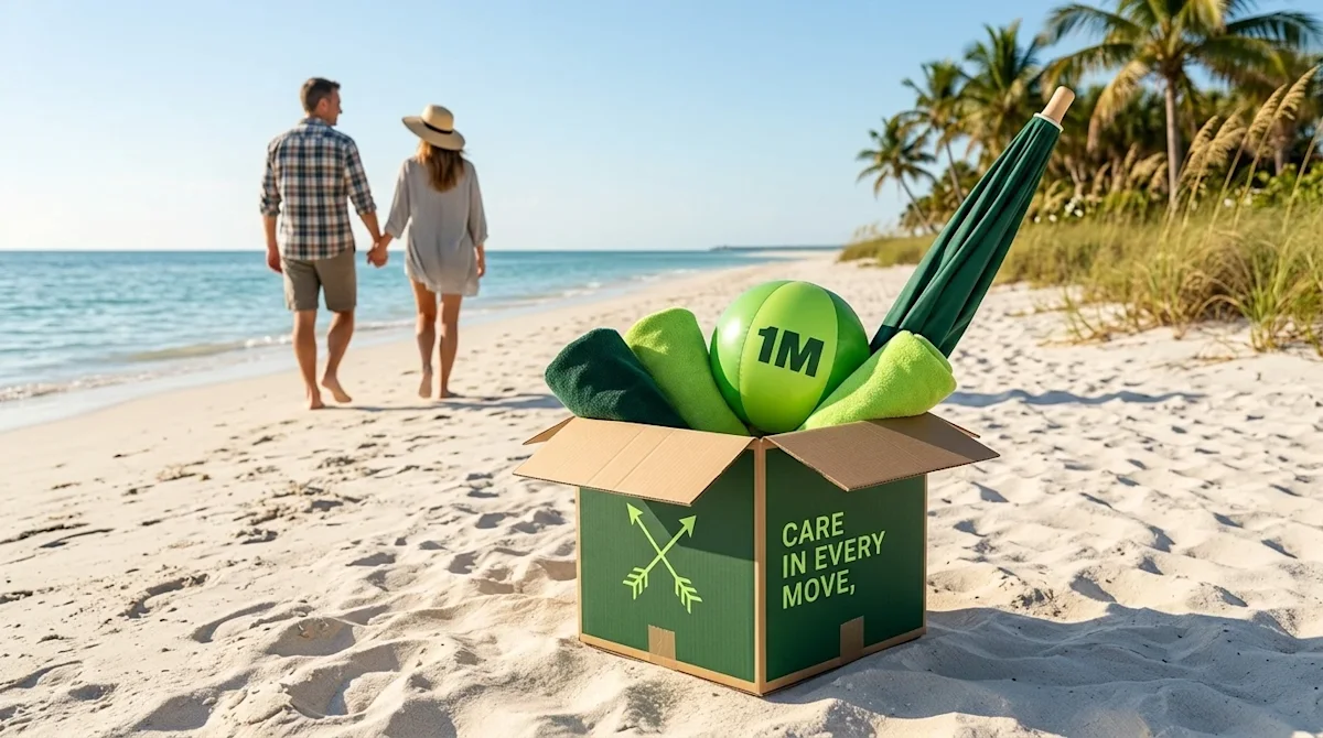 Clear and professional marketing lifestyle photography of a pristine, sunny beach in Fort Myers, Florida. In the foreground,