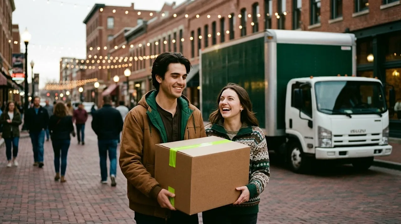A candid lifestyle photograph of a happy young couple holding a brown cardboard moving box while walking down a lively, vibra