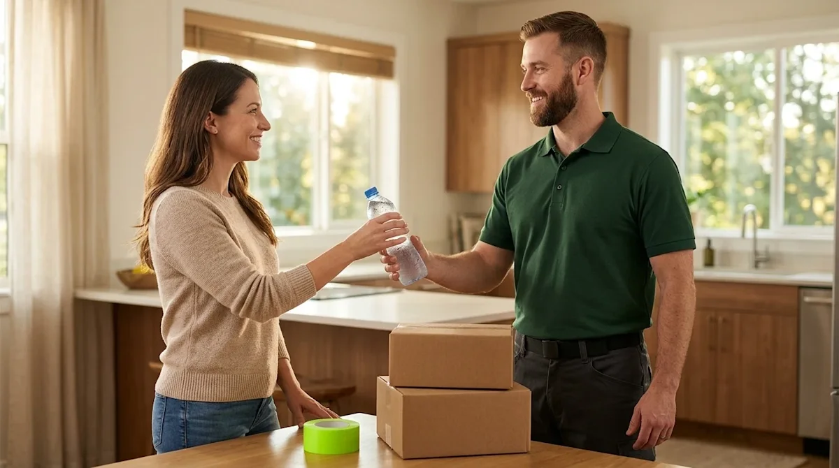 Professional lifestyle marketing photography of a friendly homeowner handing a cold bottle of water to a smiling professional