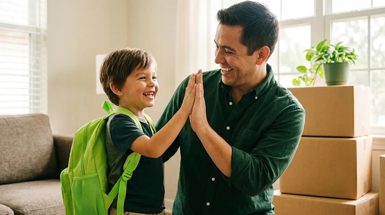 A heartwarming, candid lifestyle photograph of a parent and a smiling young child getting ready for the first day of school i