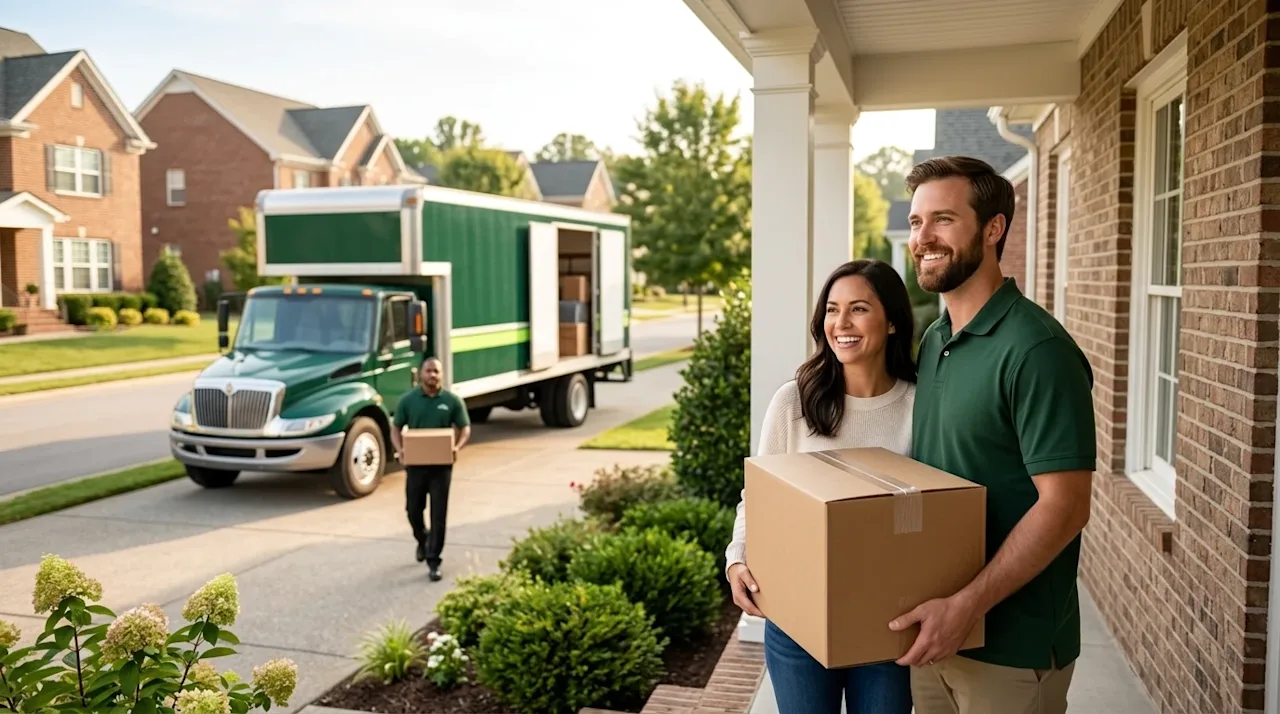 Clear, professional marketing photography of a cheerful couple standing on the front porch of a charming traditional brick ho