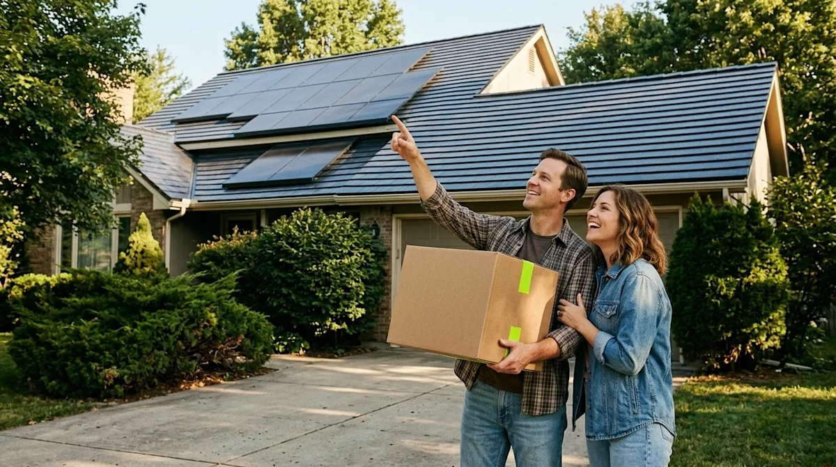A candid lifestyle photograph of a beautiful suburban home featuring sleek, modern dark solar shingles installed on the roof,