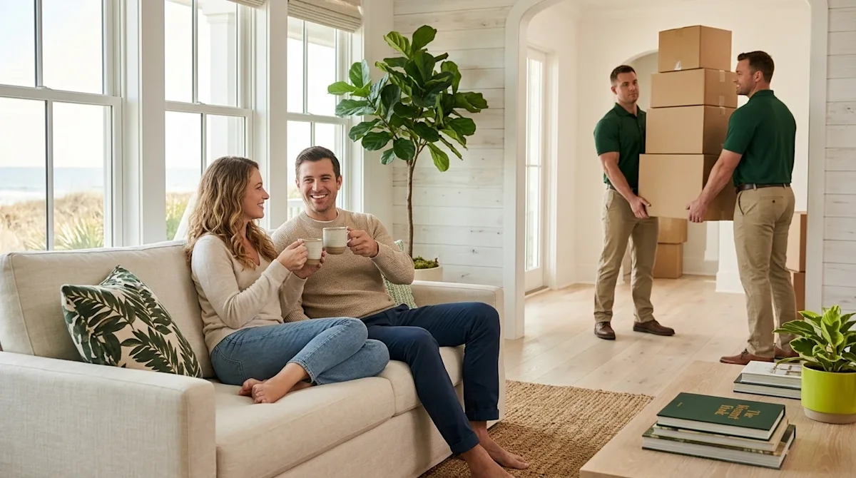 Professional marketing photography of a relaxed, smiling couple drinking coffee in a bright, airy coastal home living room wi