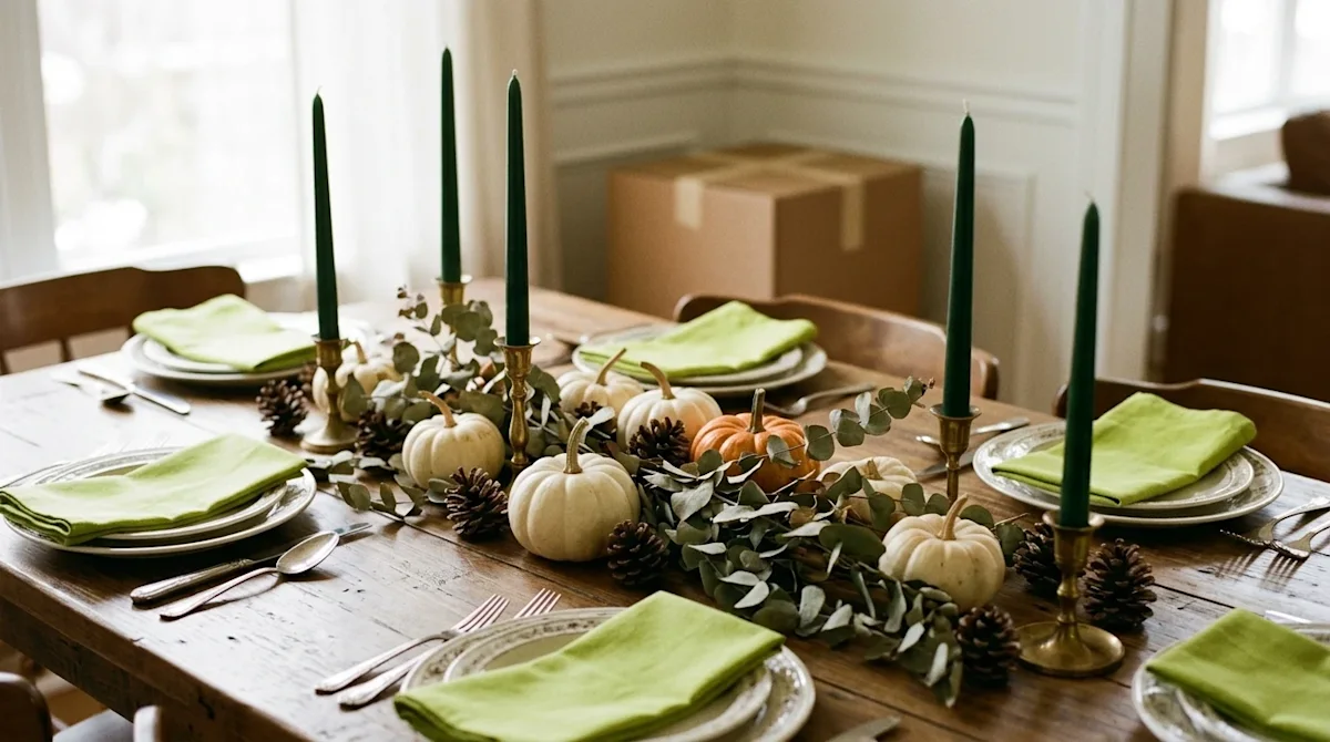 A warm, inviting lifestyle photograph of a beautiful Thanksgiving dining table centerpiece, celebrating a family's first holi