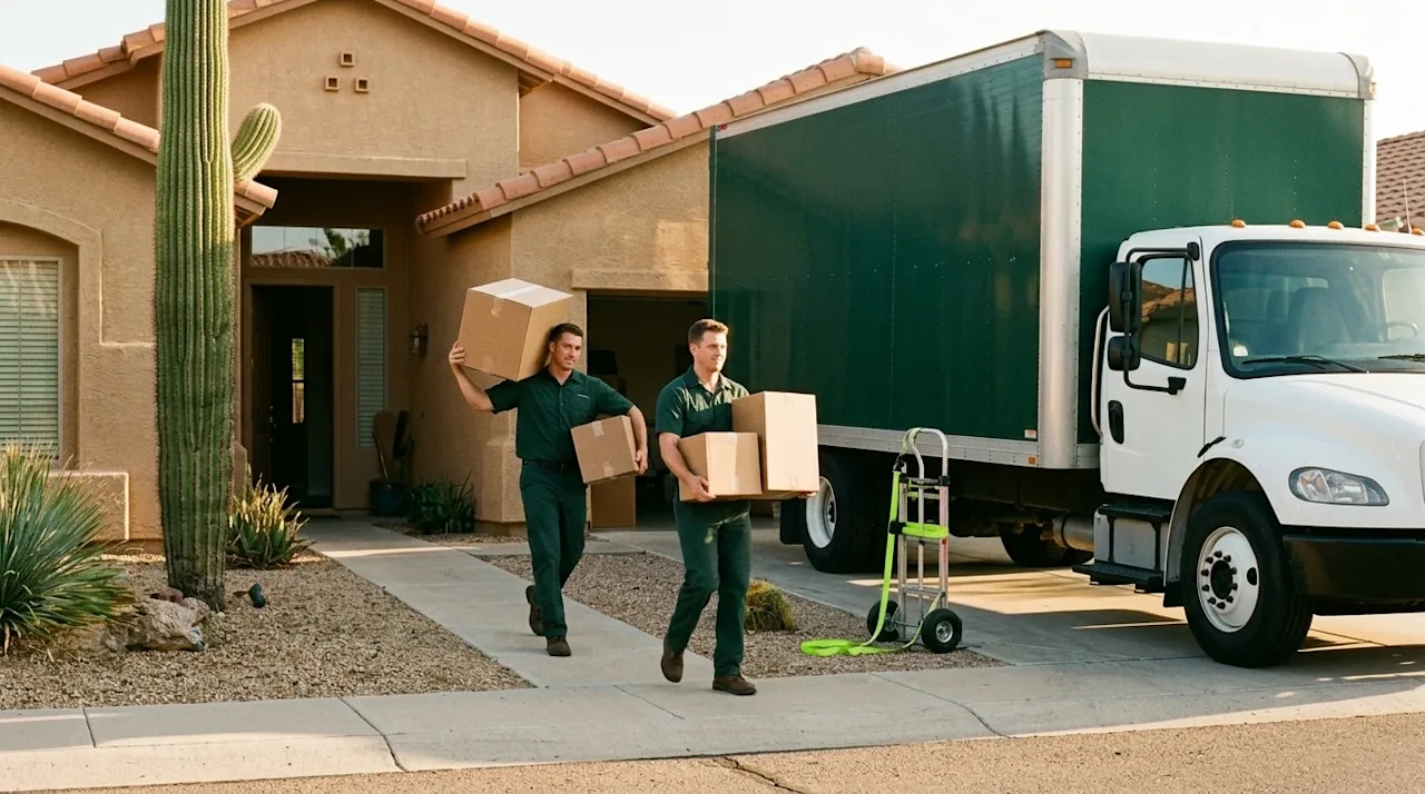 A high-quality lifestyle photograph of professional movers working at a residential home in Tucson, Arizona. The setting feat