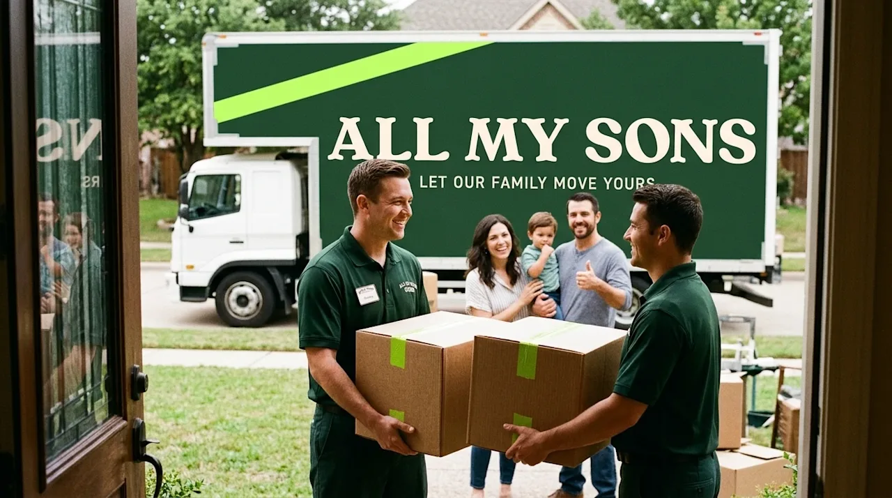 A candid 35mm analog film photograph of a friendly, professional relocation team on a stress-free moving day. Two movers wear