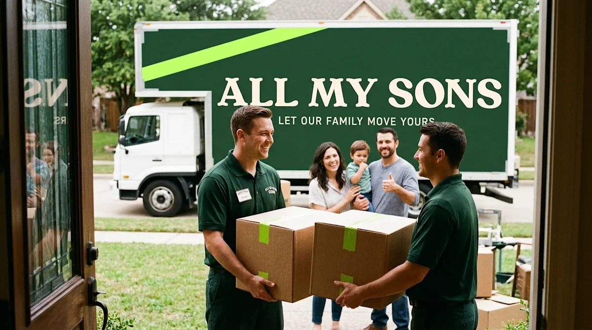 A candid 35mm analog film photograph of a friendly, professional relocation team on a stress-free moving day. Two movers wear