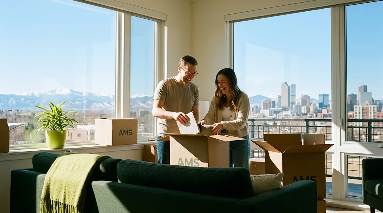 A candid, high-quality 35mm film photograph of a happy couple unpacking classic kraft brown moving boxes inside a bright, mod