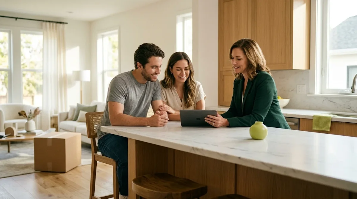 Professional marketing photography of a smiling couple sitting at a beautifully staged, clean kitchen island in a bright, inv