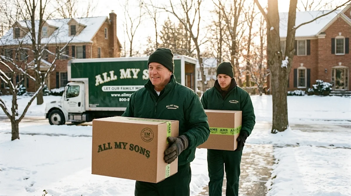 Candid lifestyle photography of professional movers wearing dark forest green winter jackets and warm beanies, safely carryin