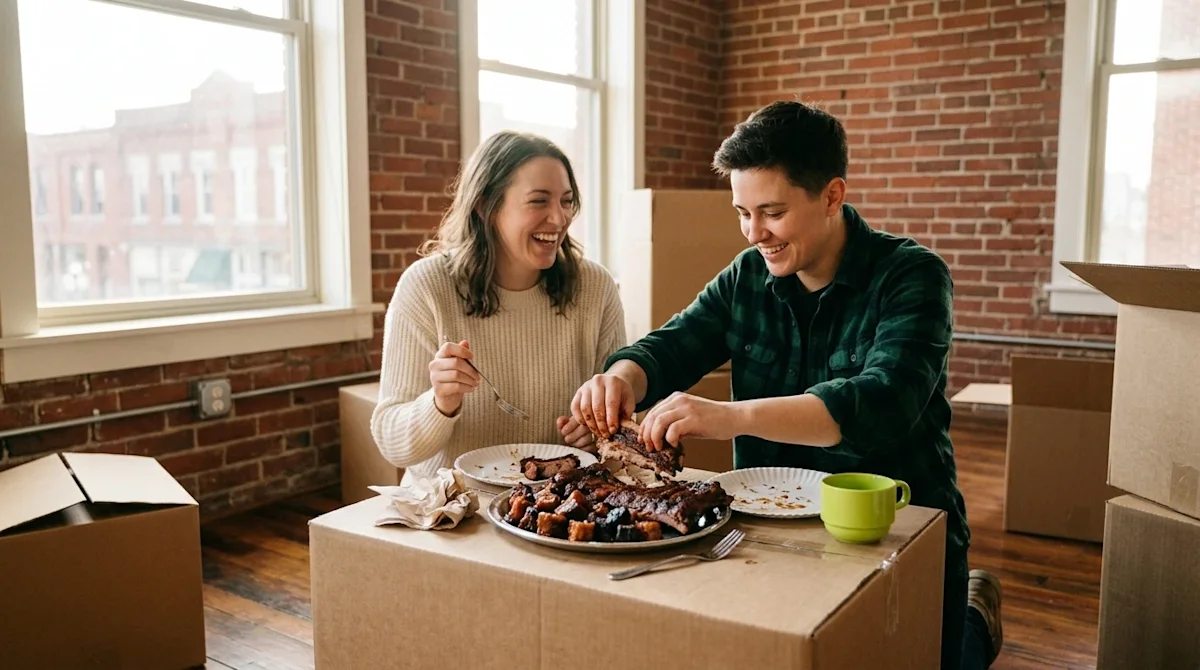 A candid, high-quality lifestyle photograph of a happy couple taking a relaxing lunch break on moving day in their new Kansas