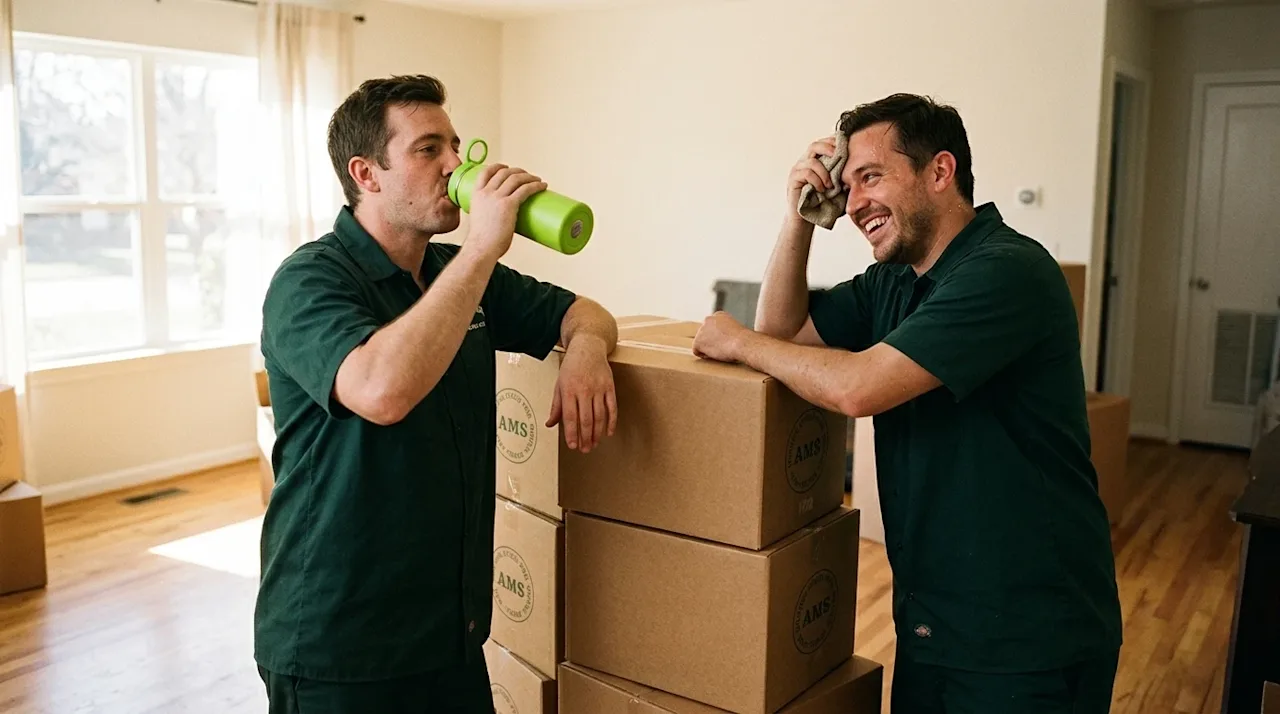 Candid 35mm film style lifestyle photography of two professional movers taking a healthy hydration break to prevent workplace