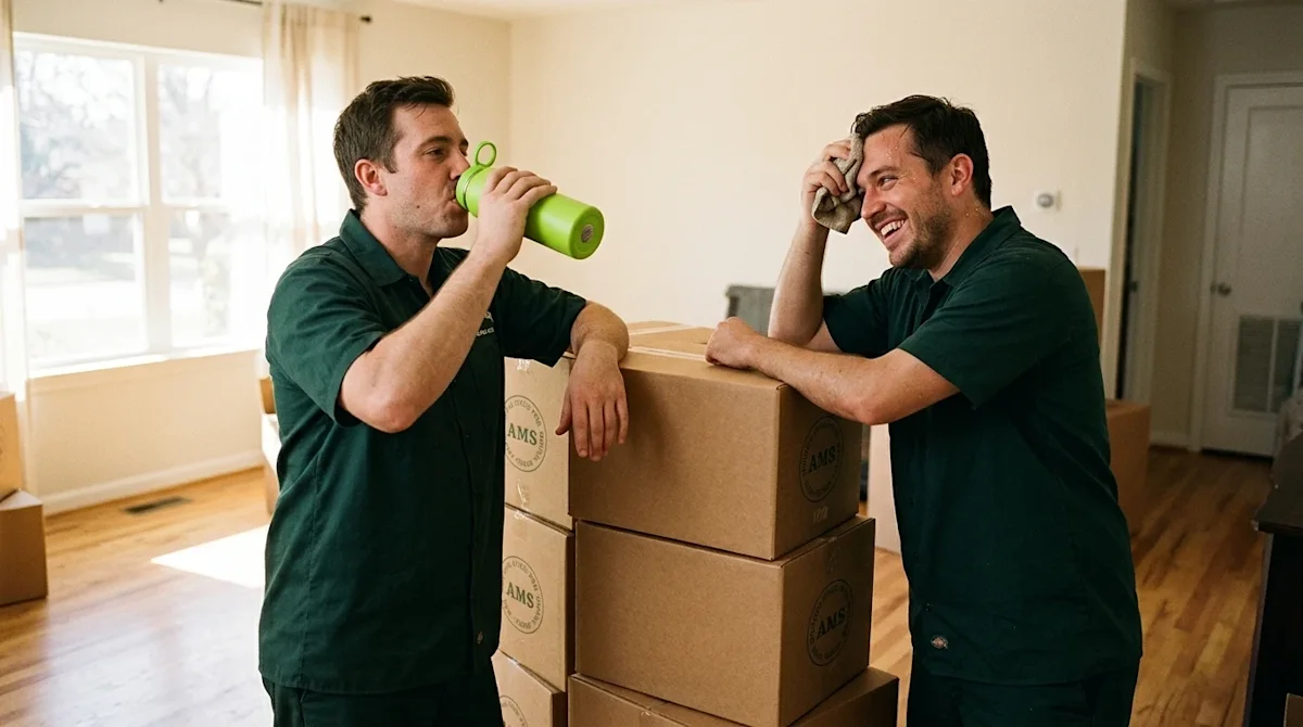 Candid 35mm film style lifestyle photography of two professional movers taking a healthy hydration break to prevent workplace