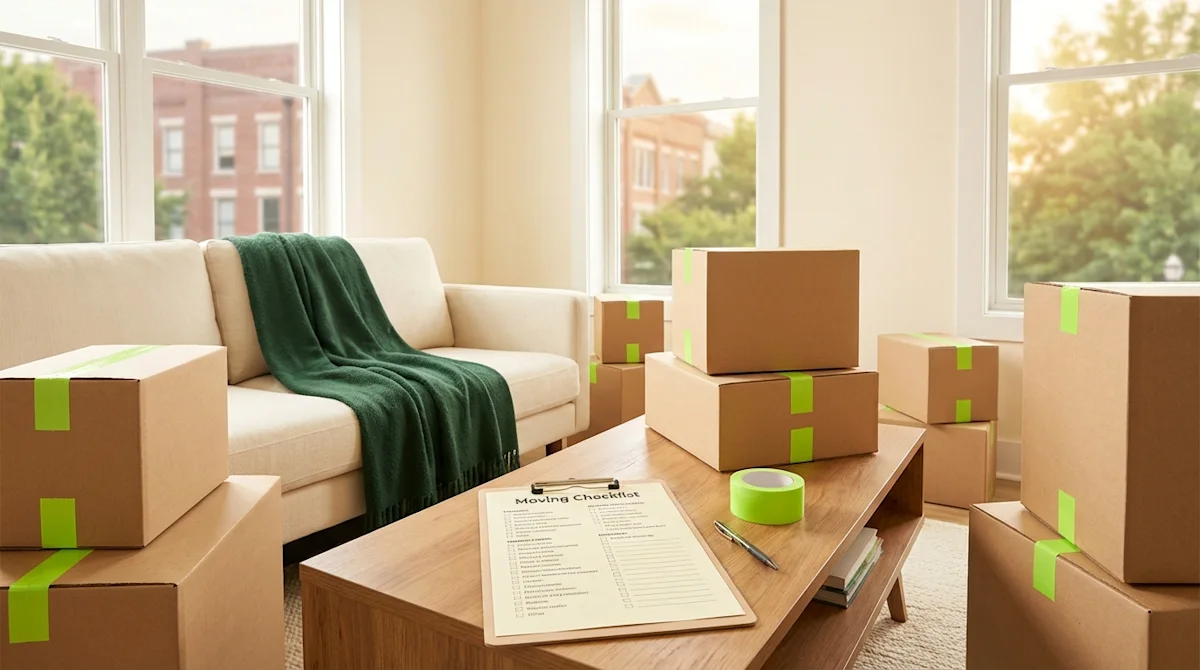 Organized boxes and a moving checklist in a bright room, planning a residential move to Birmingham, Alabama.