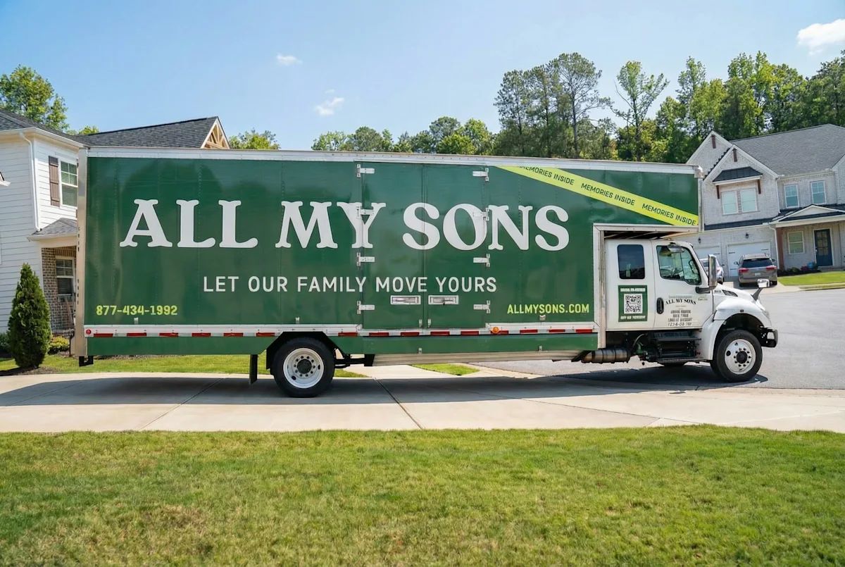 An All My Sons moving truck sits in the driveway of a residential neighborhood. 