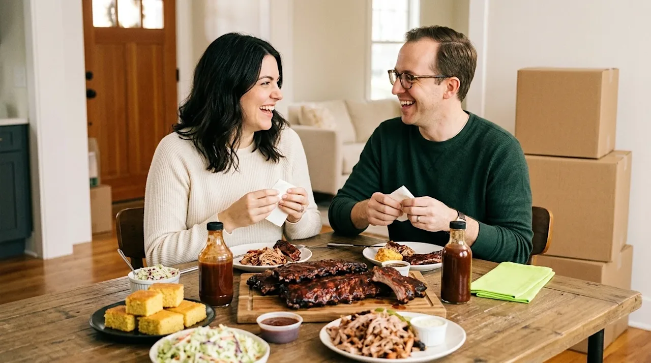 Clear and professional lifestyle marketing photography of a mouth-watering spread of authentic Memphis BBQ, including glazed