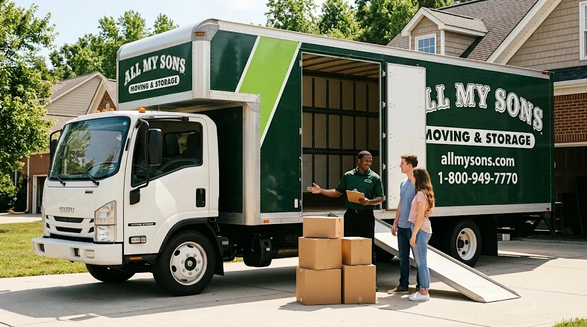 Professional marketing photography, 35mm film aesthetic, warm vintage-inspired tones, crisp bright natural sunlight on a large moving truck.
