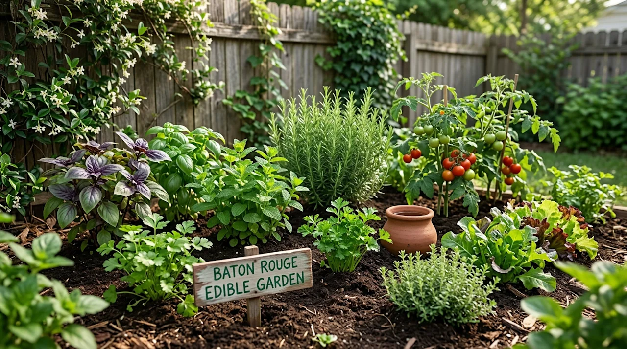 Lush potted herb garden on a sunny patio with All My Sons moving boxes in the background.