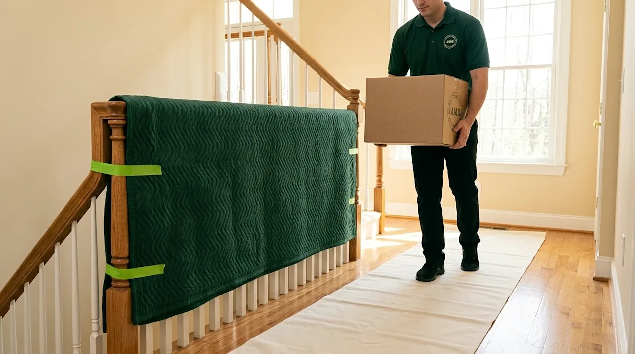 Professional marketing photography of the interior of a beautiful, warm-toned home being carefully protected for a move. A th