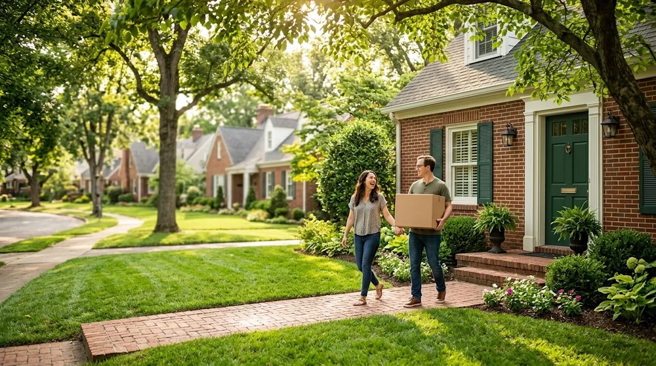 Professional marketing photography of a beautiful, welcoming residential neighborhood street in Knoxville, Tennessee. A charm
