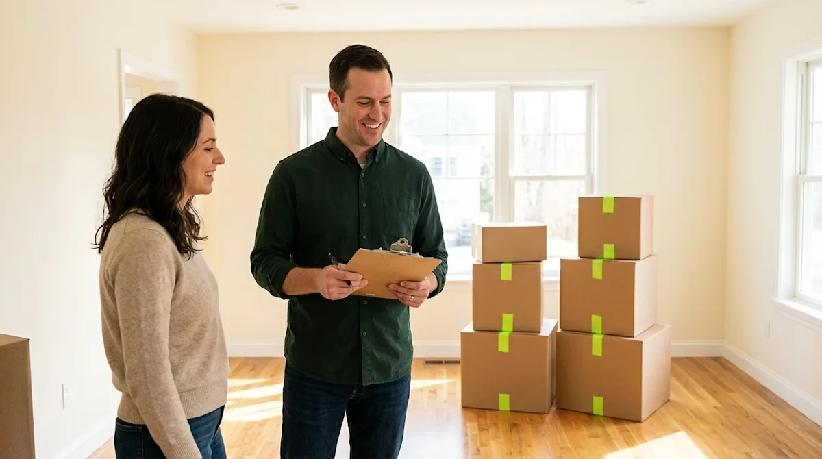 Clear and professional marketing photography. A candid, warmly lit lifestyle shot of a friendly, professional moving coordina