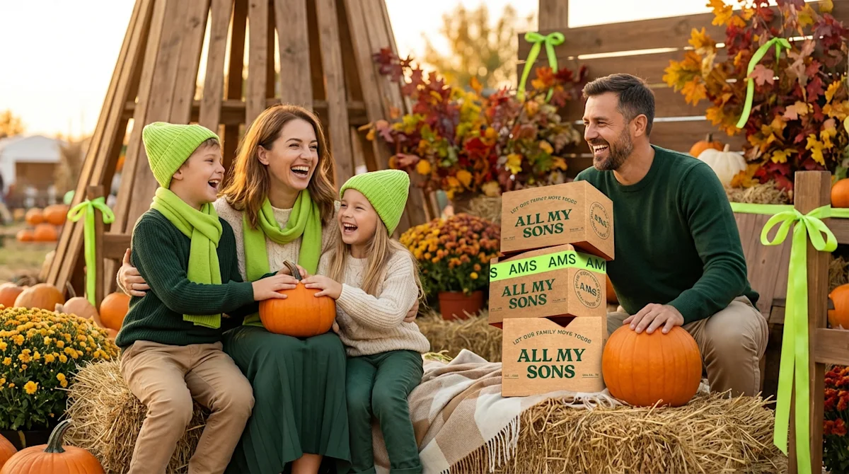 Happy family at Birmingham Funtober fall festival with pumpkins and All My Sons moving boxes in autumn sunlight.