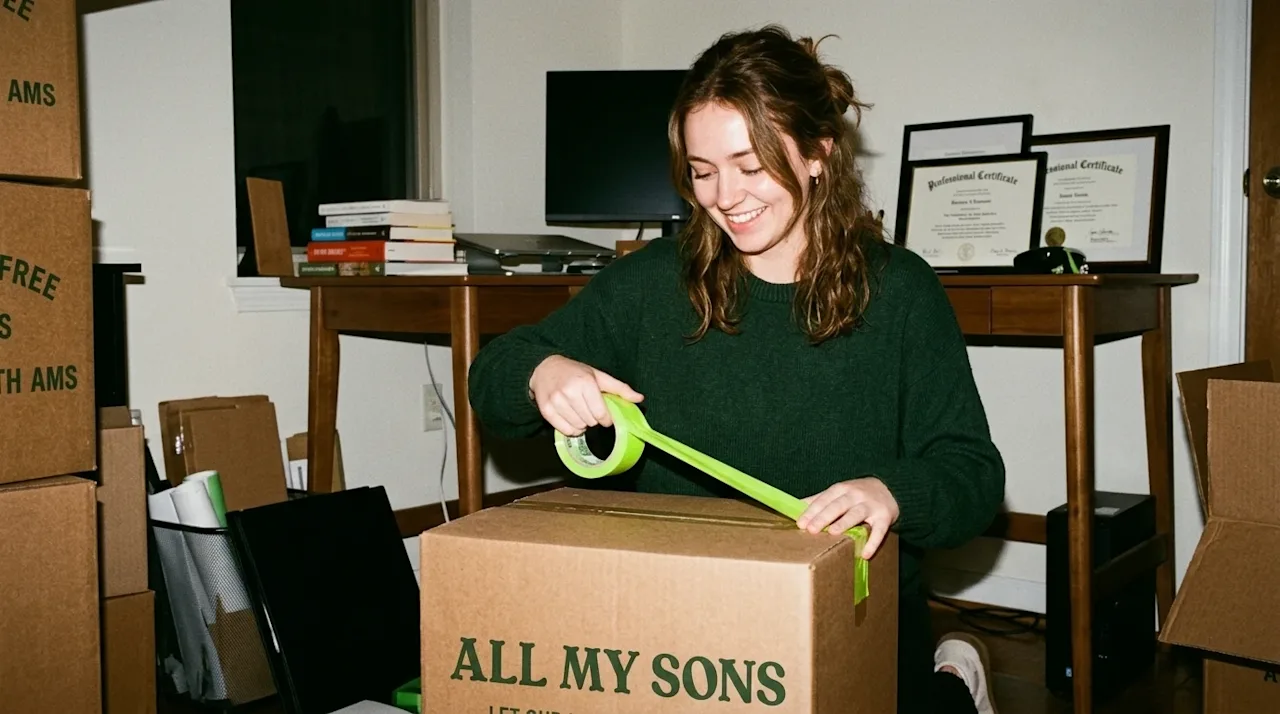 Candid, documentary-style 35mm film photography of a young professional packing a home office for a job relocation. The subje