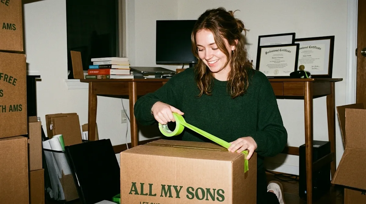 Candid, documentary-style 35mm film photography of a young professional packing a home office for a job relocation. The subje