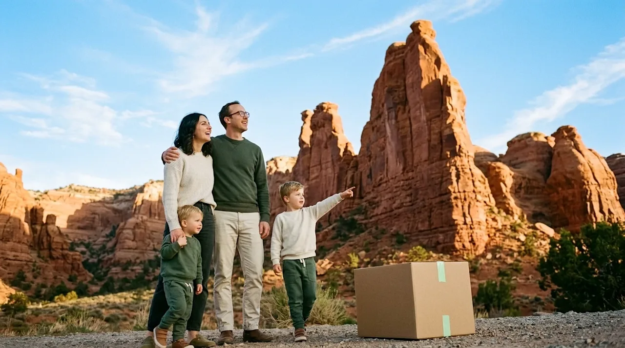 A candid, cinematic lifestyle photograph of a happy family taking a break from moving, standing outdoors and looking in awe a